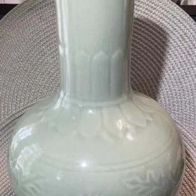 Vintage Asian Celadon Glazed Porcelain Vase 10.5