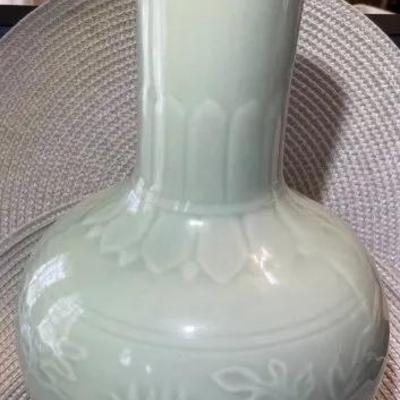 Vintage Asian Celadon Glazed Porcelain Vase 10.5