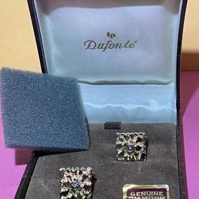 Vintage Mid-Century DUFONTE Golden Color Nugget Cufflinks w/Real Diamond Chips as Pictured.