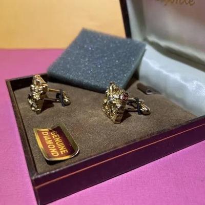 Vintage Mid-Century DUFONTE Golden Color Nugget Cufflinks w/Real Diamond Chips as Pictured.