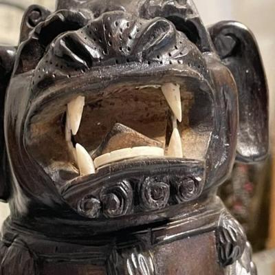 VINTAGE Asian c1900 Hand Carved Hard Wooden Foo Dog Lion Figure 8.25" Tall & 5.5" Wide in Good Preowned Condition as Pictured.