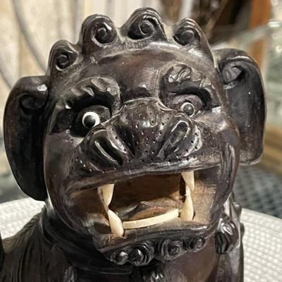 VINTAGE Asian c1900 Hand Carved Hard Wooden Foo Dog Lion Figure 8.25" Tall & 5.5" Wide in Good Preowned Condition as Pictured.