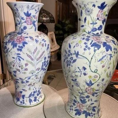 Vintage Pair of Heavy 18" Tall Chinese Floral Porcelain Vases Preowned from an Estate Cleanout as Pictured. Damage FREE.