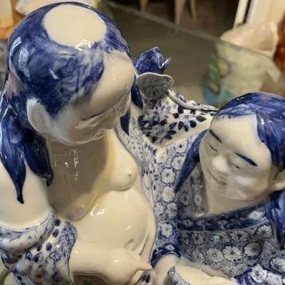 Vintage Chinese Blue & White Immortal Hehe Porcelain Figurine 10.75