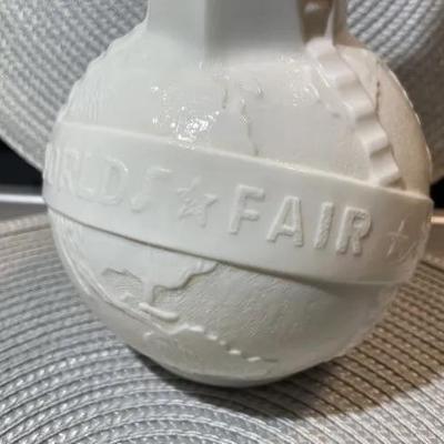 Vintage 1939 New York World's Fair Souvenir Milk Glass Vinegar Bottle 9" Tall in VG Preowned Condition.