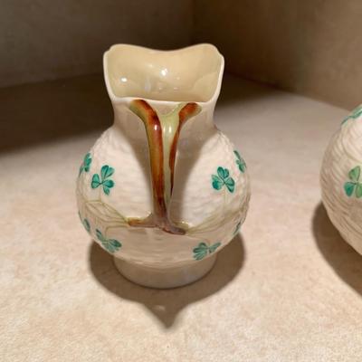 Belleek tea pot with creamer and sugar bowl