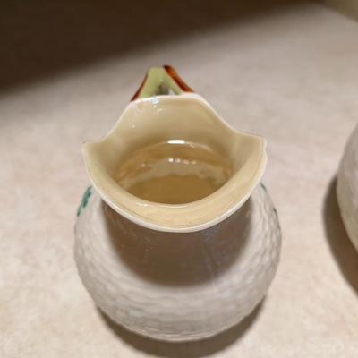 Belleek tea pot with creamer and sugar bowl