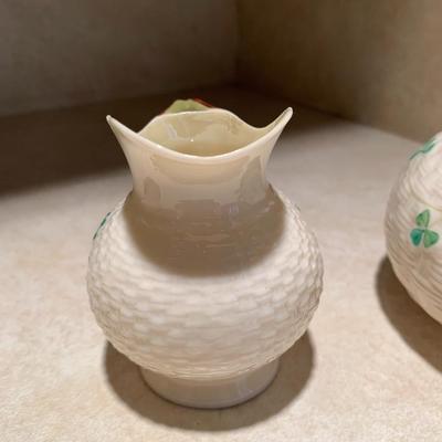 Belleek tea pot with creamer and sugar bowl