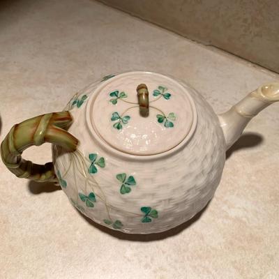 Belleek tea pot with creamer and sugar bowl
