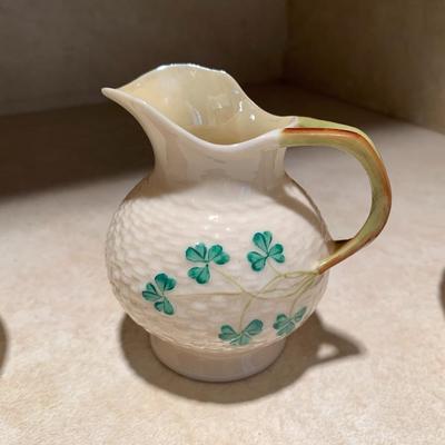 Belleek tea pot with creamer and sugar bowl
