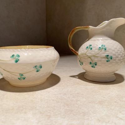 Vintage BELLEEK Open Sugar Bowl & Creamer Set Shamrock Basket Weave