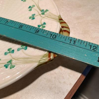 2 Belleek Plates, Irish Shamrock Basketweave Design 11 inch Handled Cake Plate / Bread Plates