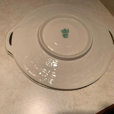 2 Belleek Plates, Irish Shamrock Basketweave Design 11 inch Handled Cake Plate / Bread Plates