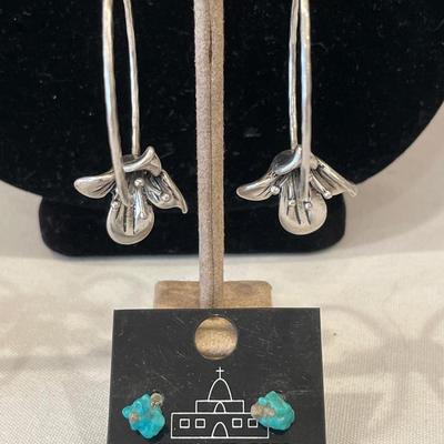 Turquoise post earrings and flower hoops