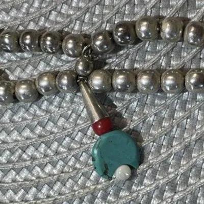 Native American 30" Turquoise/Coral Beaded Silver-toned Necklace w/Dangling Turquoise Amulets as Pictured.