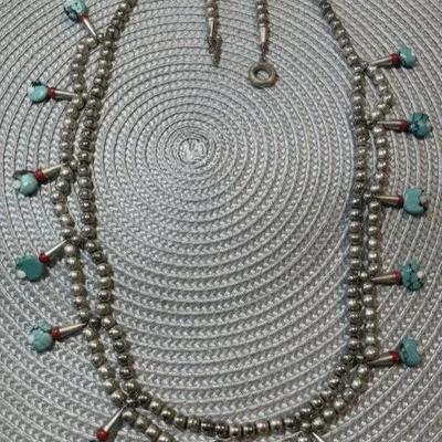 Native American 30" Turquoise/Coral Beaded Silver-toned Necklace w/Dangling Turquoise Amulets as Pictured.