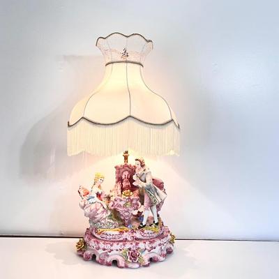 CAPODIMONTE ~ Vtg. Italian 39â€ Porcelain Table Lamp ~ With 20â€ Lace & Fringe Shade