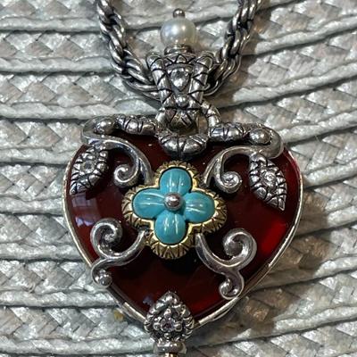 Barbara Bixby 925 Sterling Silver 18k Gold Turquoise & Carnelian Heart Pendant on a 16" SS & 18K Chain as Pic'd.