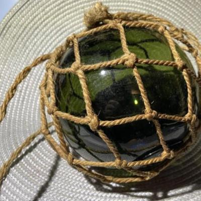 Vintage Japanese Blown Green Glass Nautical Fishing Float 5" Diameter in Net as Pictured.