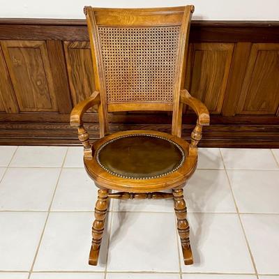 Pair (2) ~ Solid Wood Rocking Chairs With Cane Back & Nailhead Design Seat