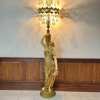 Vtg. Mid Century 80â€ Gold Greek Goddess Floor Lamp with Glass Crystals