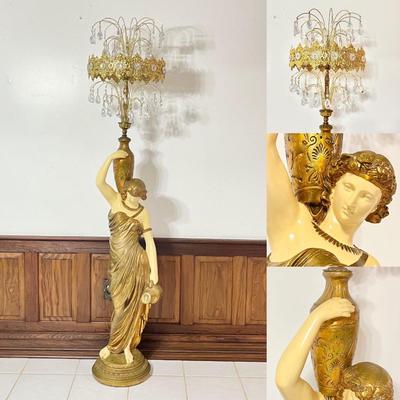 Vtg. Mid Century 80â€ Gold Greek Goddess Floor Lamp with Glass Crystals