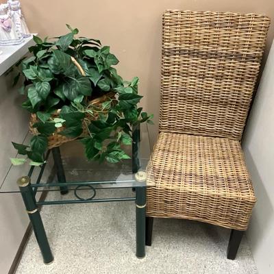 Wicker Chair, Glass Side Table, faux plant