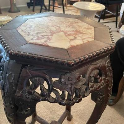 Antique Very Early Chinese Hand Carved Wooden w/Inset Marble Top Plant Stand/Pedestal 30.5" Tall.