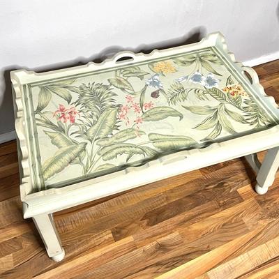 Sage Green Solid Wood Floral Top Coffee Table with Handles