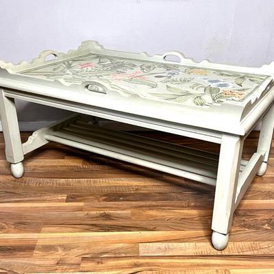 Sage Green Solid Wood Floral Top Coffee Table with Handles