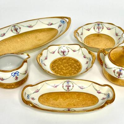 7 Piece Set - Antique Pickard Etched Guilded China 