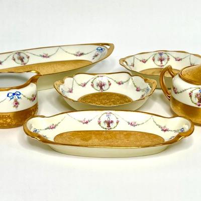 7 Piece Set - Antique Pickard Etched Guilded China 
