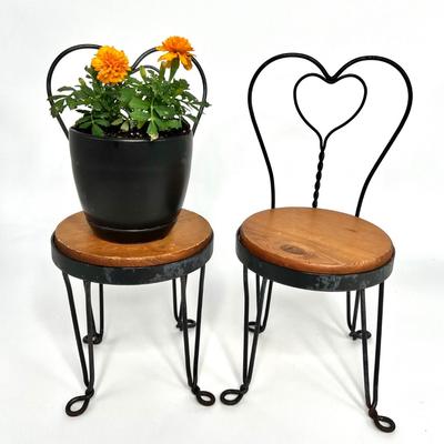 Set of 2 Small Ice Cream Chairs / Planter Stands - Metal with Wood Seats *See measurements