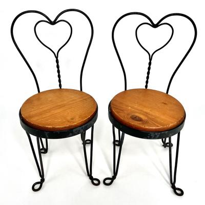 Set of 2 Small Ice Cream Chairs / Planter Stands - Metal with Wood Seats *See measurements
