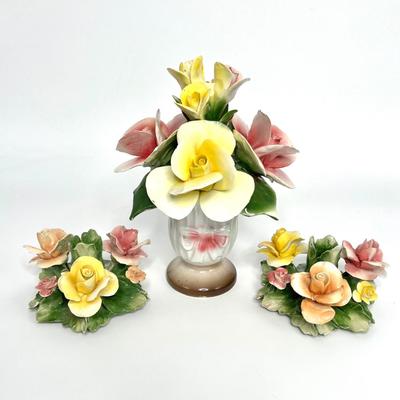 Vintage Nuova Capodimonte Porcelain Floral Arrangement and Candlestick Holder Set