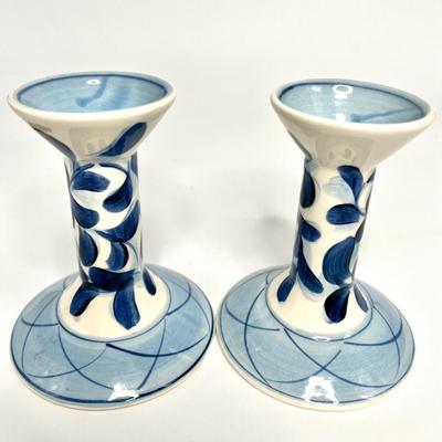 Signed by Artist Gail Pittman ~ Blue & White Pottery Art Vase & Candlestick Holders