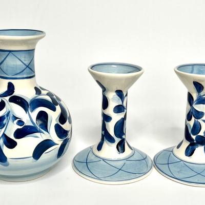 Signed by Artist Gail Pittman ~ Blue & White Pottery Art Vase & Candlestick Holders
