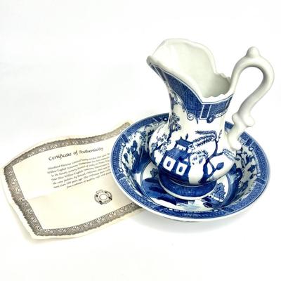 Vintage Blue Willow Ironstone Pitcher and Bowl with Certificate of Authenticity