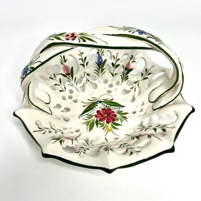 Vintage RCCL Hand Painted Portugal Floral Pottery Basket Bowl #882