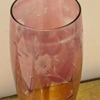 Antique Cranberry Etched Glass Vase