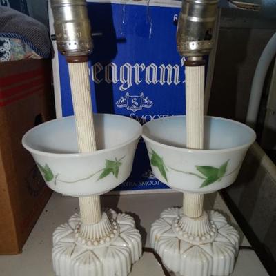 Vintage Milk Glass Nightstand Lamps, Ivy Leaves - Lot# 68