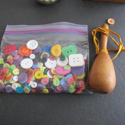 Lot 399: Vintage Wood Button Box With Many Buttons, and Glass Jar Full of Old Buttons