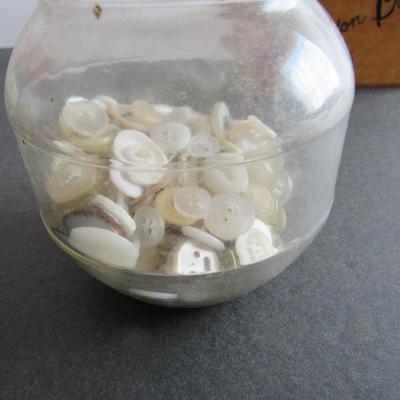 Lot 399: Vintage Wood Button Box With Many Buttons, and Glass Jar Full of Old Buttons