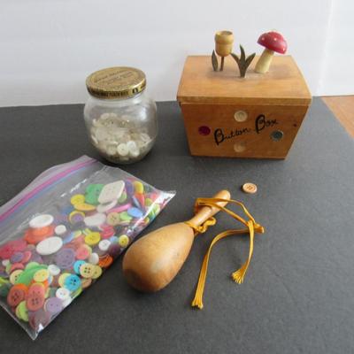 Lot 399: Vintage Wood Button Box With Many Buttons, and Glass Jar Full of Old Buttons