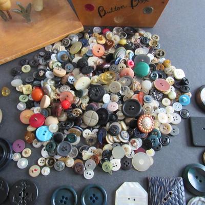Lot 399: Vintage Wood Button Box With Many Buttons, and Glass Jar Full of Old Buttons