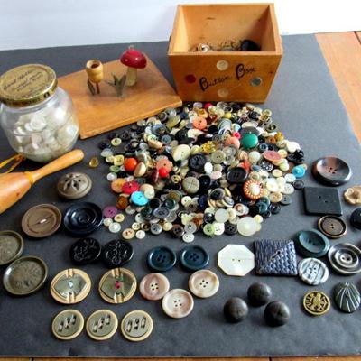 Lot 399: Vintage Wood Button Box With Many Buttons, and Glass Jar Full of Old Buttons