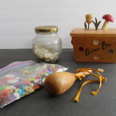 Lot 399: Vintage Wood Button Box With Many Buttons, and Glass Jar Full of Old Buttons