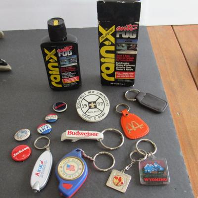 Lot 404: Misc Junk Drawer Lot and RainX, Pins, Keyrings