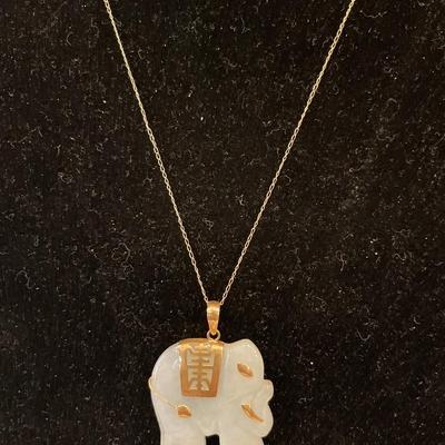14k necklace and pendant with white jade elephant