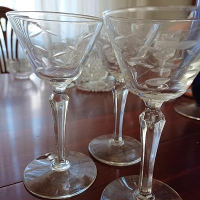 3 etched martini glasses
